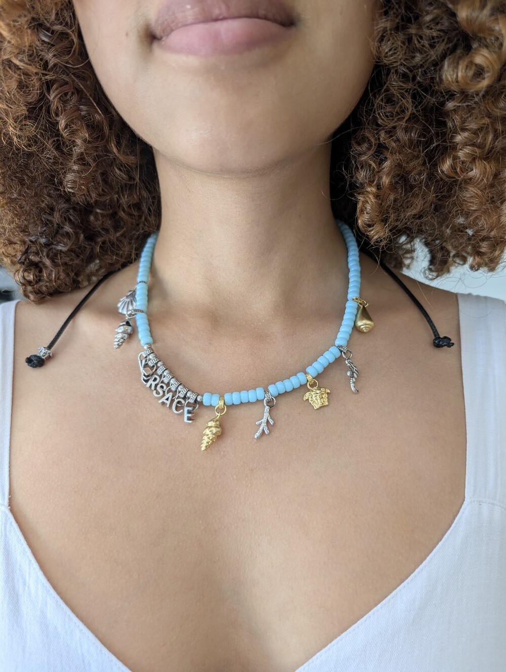 Versace Light Turquoise Bead Charm Necklace with Gold & Silver Accents - Picture 2 of 6
